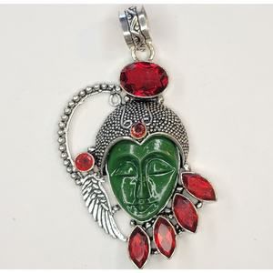 Sterling Silver Pendant with Green Carved Face and Red Garnet Accents
